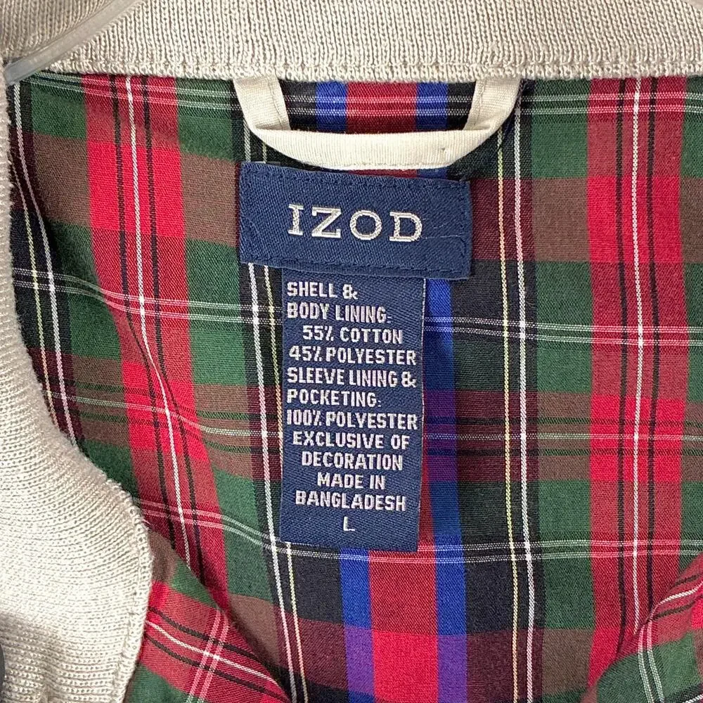 VTG Izod Harrington Jacket Mens L Beige Plaid Lined Embroidered Preppy 90s